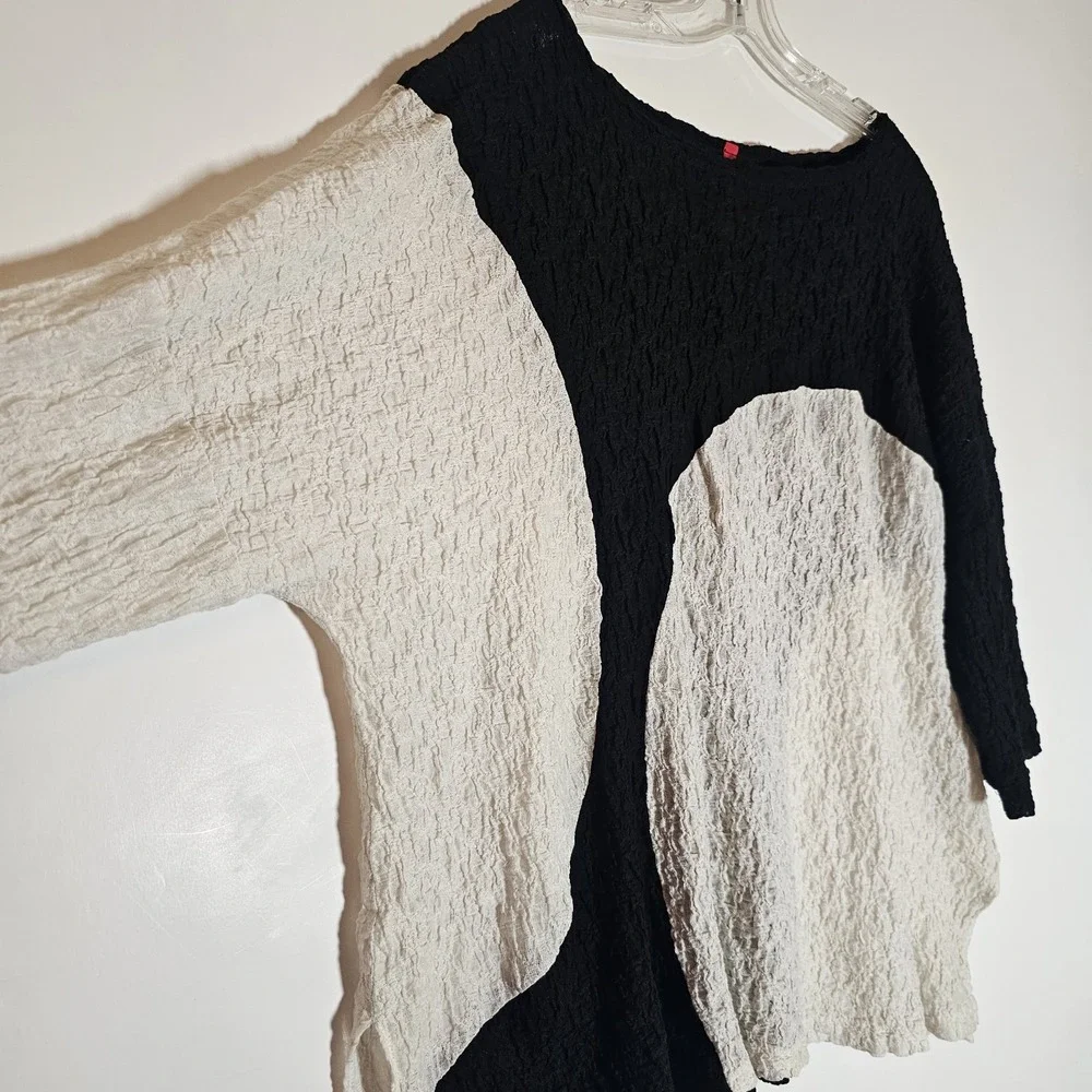 IC by Connie K Top Womens 2X Black White Guaze Art to Wear Blouse Lagenlook Boxy - Picture 5 of 15